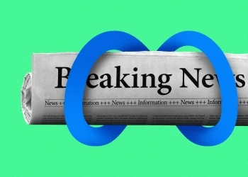 تصویر مفهومی از یک روزنامه با تیتر Breaking News که لوگوی نمادین Meta به‌صورت گرافیکی آبی‌رنگ در اطراف آن قرار گرفته است؛ پس‌زمینه سبز روشن و ترکیب‌بندی مینیمال تصویر، به نقش شبکه‌های اجتماعی در جریان اخبار فوری و تأثیر پلتفرم‌های دیجیتال بر رسانه‌های خبری اشاره دارد.
