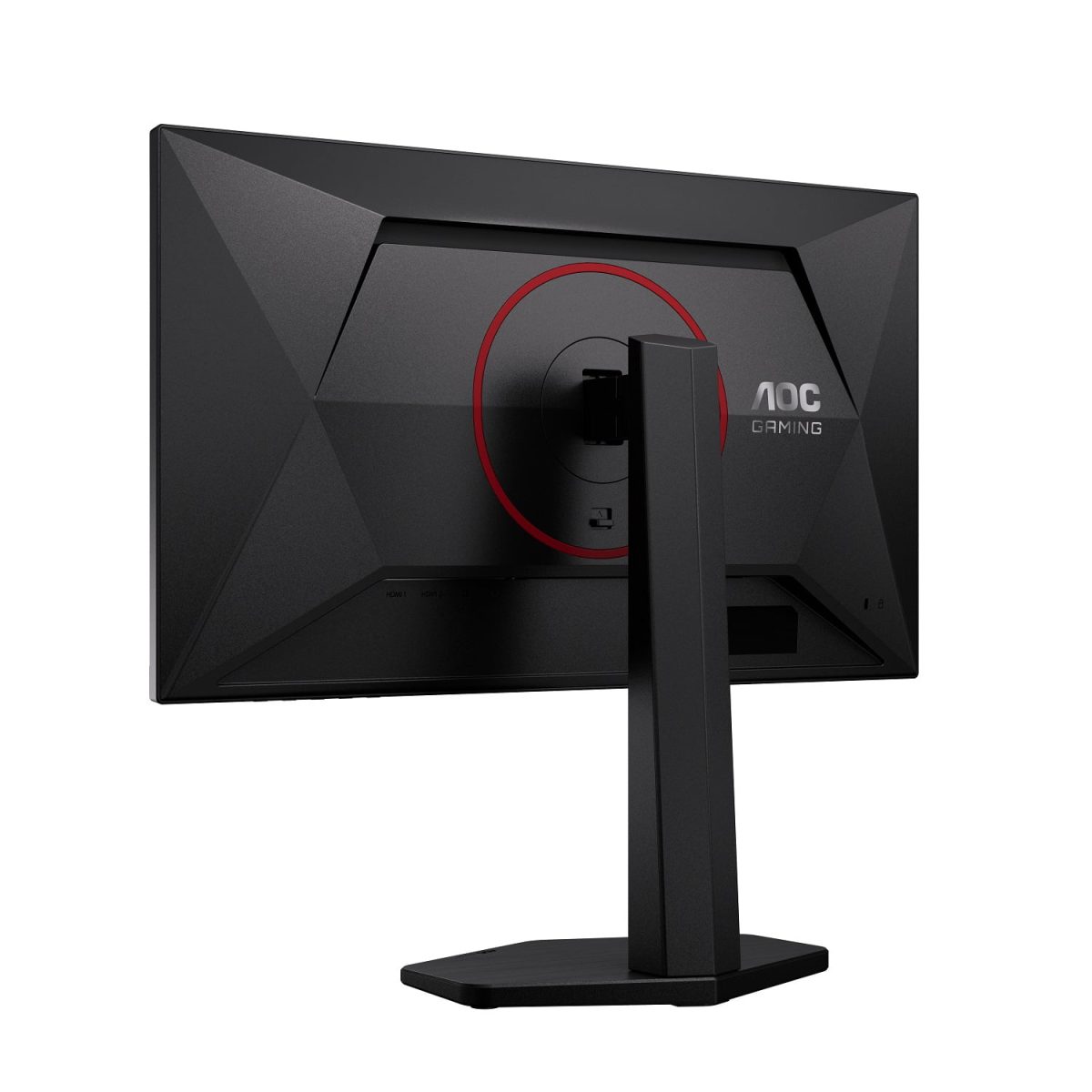 نمای پشت مانیتور AOC Gaming با طراحی زاویه‌دار، حلقه قرمز تزئینی در مرکز، لوگوی AOC و نمایش درگاه‌ها شامل HDMI، DisplayPort و خروجی هدفون.