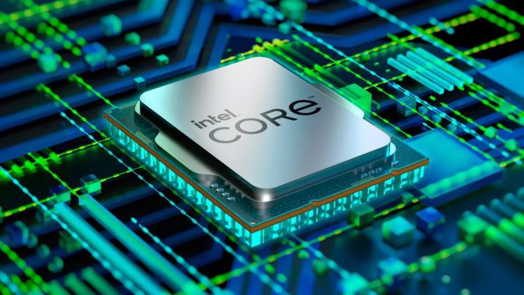 نمای نزدیک از پردازنده Intel Core نصبشده روی مادربورد، با نمایش مسیرهای داده و مدارهای دیجیتال، نشاندهنده عملکرد بالا و پردازش پیشرفته