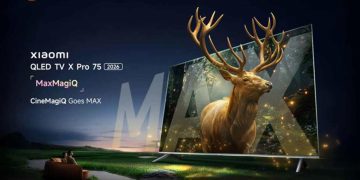 تصویر تبلیغاتی از Xiaomi QLED TV X Pro 75 (مدل 2026) که یک گوزن با شاخ‌های بزرگ را با جزئیات بسیار بالا روی صفحه نمایش نشان می‌دهد. در سمت چپ تصویر، نام محصول و قابلیت‌های MaxMagIQ و CineMagicQ Goes MAX درج شده‌اند. ترکیب نورپردازی، کنتراست عمیق و رنگ‌های دقیق، بر قدرت پردازش تصویر، فناوری QLED و تجربه سینمای خانگی پیشرفته تأکید دارد.