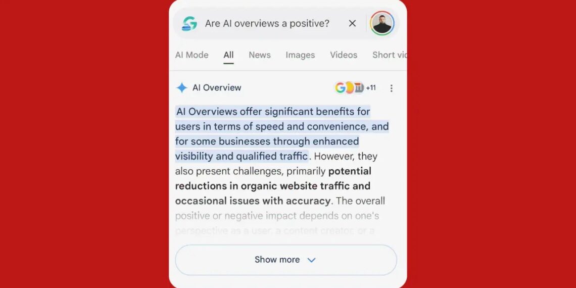 اسکرین‌شات از قابلیت AI Overview گوگل که مزایا و معایب پاسخ‌های تولید شده با هوش مصنوعی را توضیح می‌دهد.