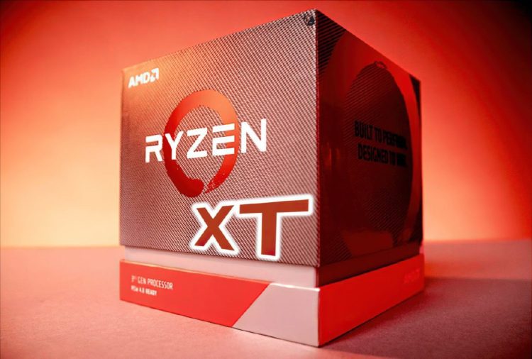 نمای نزدیک از جعبه پردازنده AMD Ryzen 7 سری XT با تم رنگی قرمز و بافت فیبر کربن.