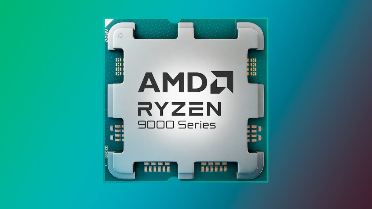تصویر تبلیغاتی پردازنده سری ۹۰۰۰ AMD Ryzen با بدنه فلزی در پسزمینه سبز و آبی.