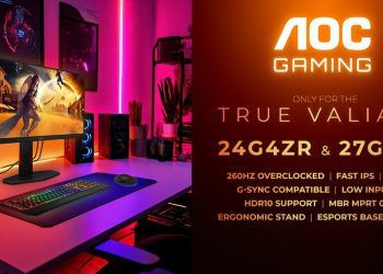 تصویر تبلیغاتی مانیتورهای AOC Gaming 24G4ZR و 27G4ZR در یک ستاپ گیمینگ با نورپردازی RGB، همراه با اطلاعات فنی شامل نرخ نوسازی 260 هرتز، پنل Fast IPS، زمان پاسخگویی 1ms GtG و پشتیبانی از G‑SYNC Compatible.