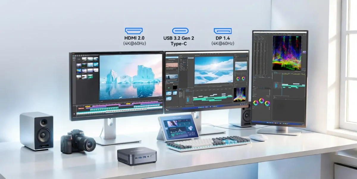 مینی پی‌سی Acemagic متصل به سه مانیتور مختلف که محیط نرم‌افزارهای ویرایش ویدیو را نمایش می‌دهند.