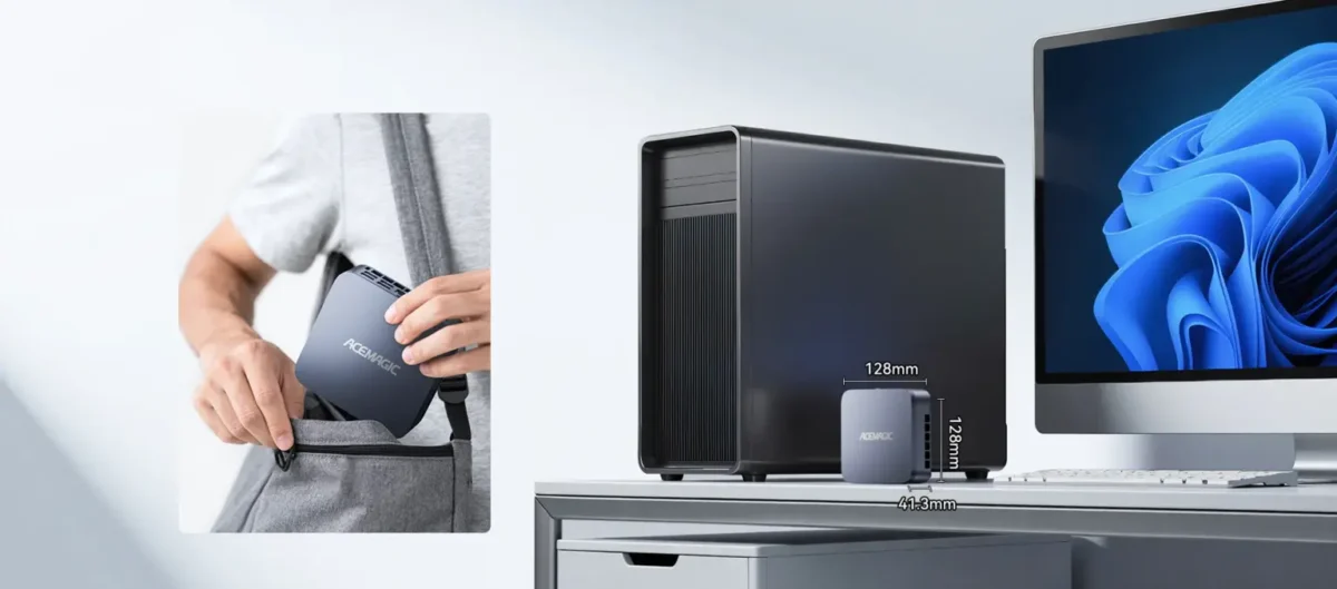 مقایسه اندازه کوچک مینی پی‌سی Acemagic در کنار یک کیس کامپیوتر بزرگ و قرار گرفتن آن در کیف دوشی.