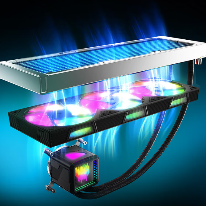 نمای نزدیک از سیستم خنک‌کننده مایع (AIO) با فن‌های دارای نورپردازی RGB و واتربلاک طرح‌دار.