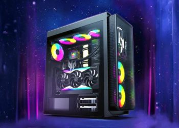 کیس گیمینگ ایسر Predator Orion 7000 با نورپردازی RGB و قطعات داخلی قدرتمند در یک پس‌زمینه بنفش کهکشانی.