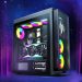 کیس گیمینگ ایسر Predator Orion 7000 با نورپردازی RGB و قطعات داخلی قدرتمند در یک پس‌زمینه بنفش کهکشانی.