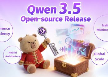 پوستر تبلیغاتی مدل هوش مصنوعی Qwen 3.5 علی‌بابا با تصویر یک خرس عروسکی و صندوقچه گنج.