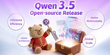 پوستر تبلیغاتی مدل هوش مصنوعی Qwen 3.5 علی‌بابا با تصویر یک خرس عروسکی و صندوقچه گنج.
