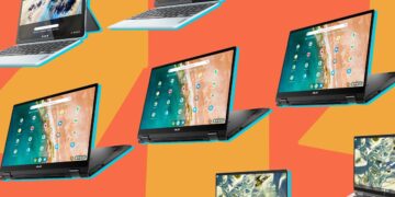 مجموعهای از لپتاپهای کرومبوک ایسوس با سیستمعامل ChromeOS در پسزمینهای با تم نارنجی.