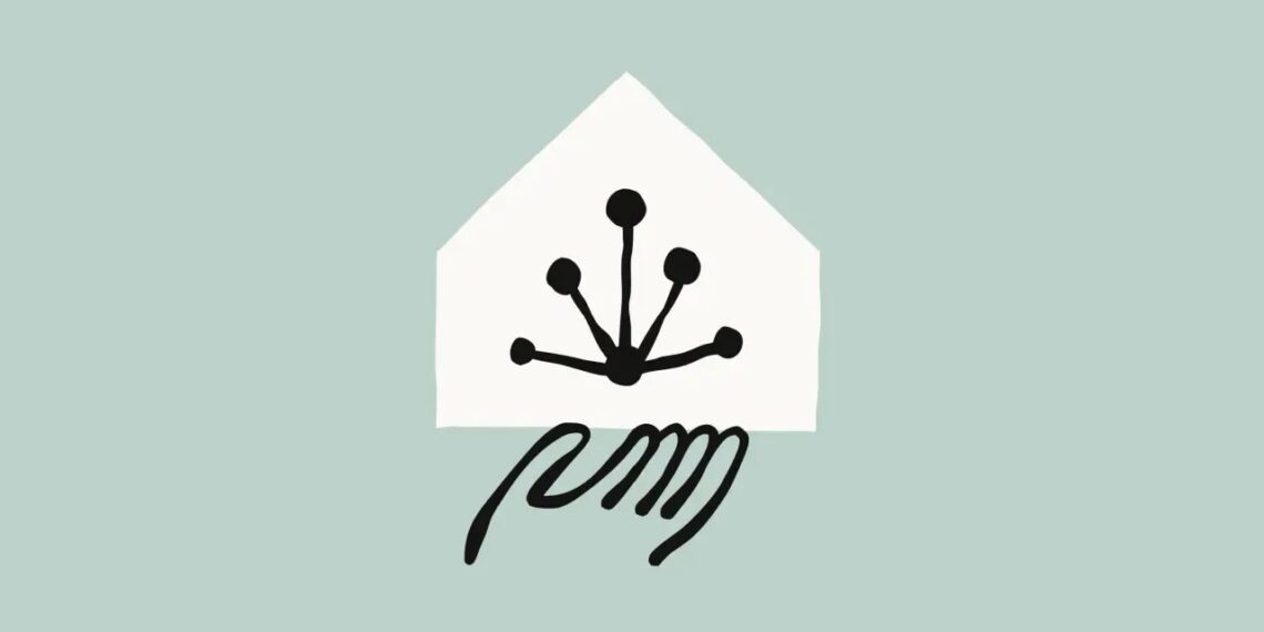 لوگوی انتراپیک شامل نماد یک خانه سفید با طرحی شبیه به پنجه یا ریشه در میان آن و یک خط منحنی سیاه در پایین، بر روی پس‌زمینه آبی ملایم.