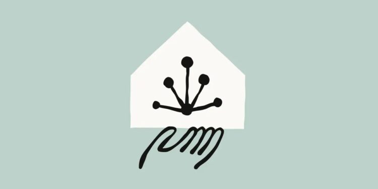 لوگوی انتراپیک شامل نماد یک خانه سفید با طرحی شبیه به پنجه یا ریشه در میان آن و یک خط منحنی سیاه در پایین، بر روی پس‌زمینه آبی ملایم.