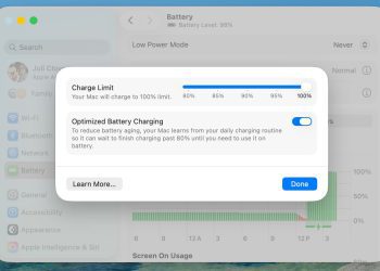 پنجره تنظیمات باتری در macOS Tahoe که اسلایدر تعیین محدودیت شارژ (Charge Limit) و گزینه شارژ بهینه باتری را نشان می‌دهد.