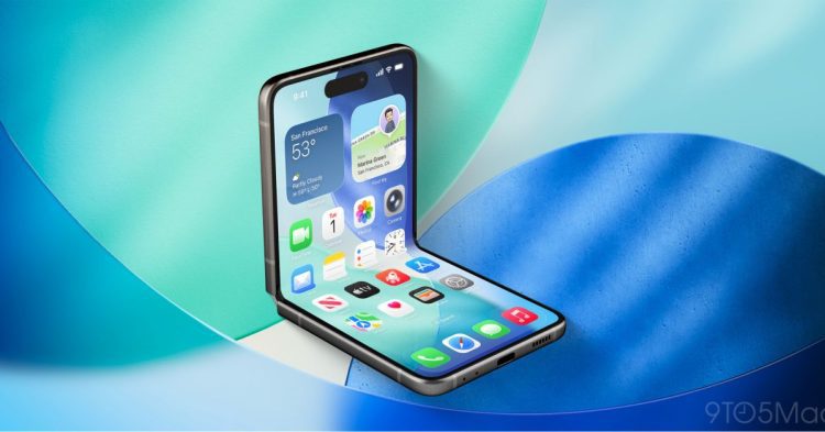 رندر مفهومی از یک گوشی آیفون تاشو (iPhone Flip) با رنگ آبی در حالت نیمهباز.