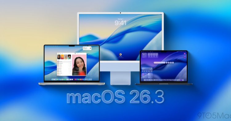 بنر تبلیغاتی macOS 26.3 که این سیستمعامل را روی آیمک و مکبوکها با محیط دسکتاپ جدید نشان میدهد.