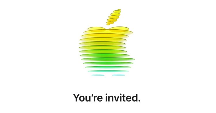 لوگوی رنگارنگ اپل متشکل از لایههای افقی سبز و زرد با متن «You're invited» در پایین.
