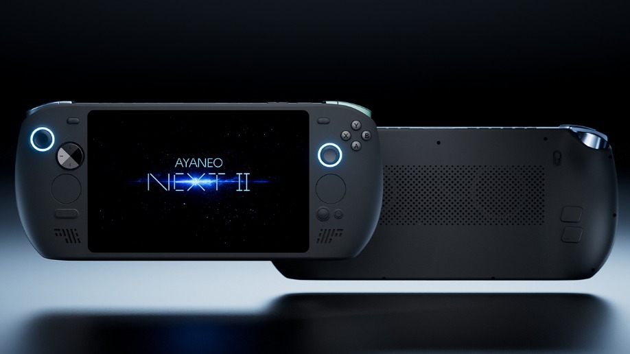 نمای جلو و پشت کنسول دستی Ayaneo NEXT 2 مشکی که دکمه‌ها، تاچ‌پدها و بدنه پشتی را نشان می‌دهد.