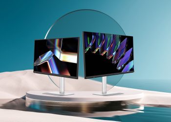 دو مانیتور BenQ سری MA روی یک سکوی دایره‌ای در محیطی فانتزی.