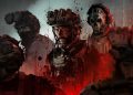 پوستر هنری بازی Call of Duty Modern Warfare III با حضور کاپیتان پرایس، گوست و سایر اعضای تسک فورس ۱۴۱ در تم رنگی قرمز و سیاه با افکت پاشش خون