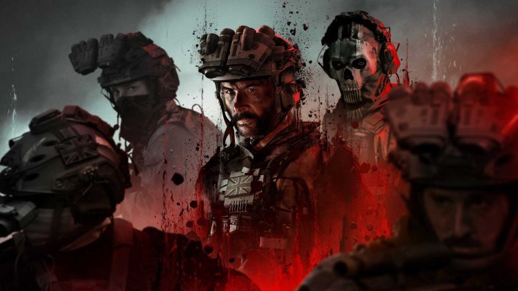 پوستر هنری بازی Call of Duty Modern Warfare III با حضور کاپیتان پرایس، گوست و سایر اعضای تسک فورس ۱۴۱ در تم رنگی قرمز و سیاه با افکت پاشش خون