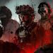 پوستر هنری بازی Call of Duty Modern Warfare III با حضور کاپیتان پرایس، گوست و سایر اعضای تسک فورس ۱۴۱ در تم رنگی قرمز و سیاه با افکت پاشش خون