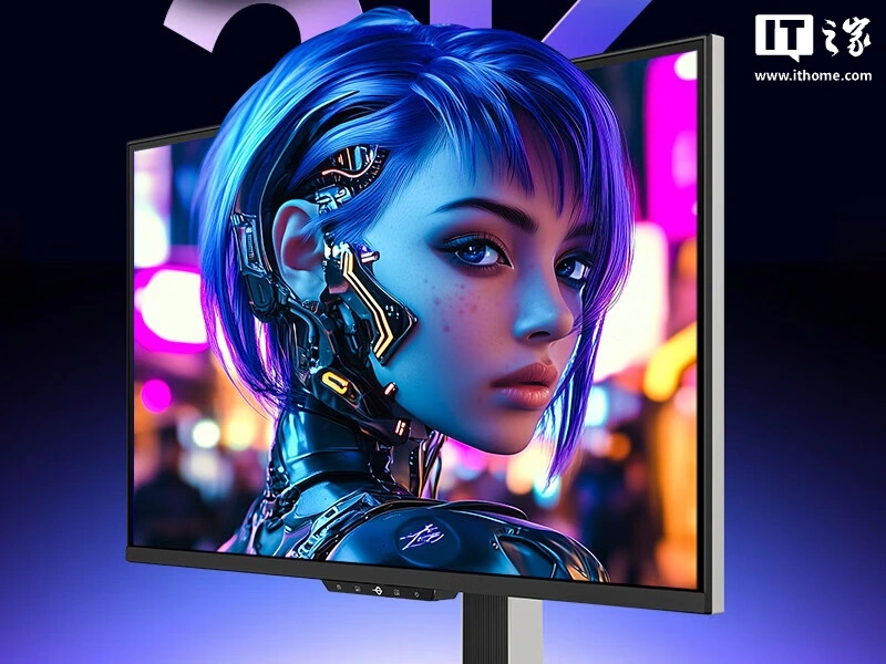 نمای نزدیک از مانیتور که یک تصویر هنری دیجیتال از چهره یک زن با المانهای سایبرپانک و رنگهای بنفش و آبی را نشان میدهد.