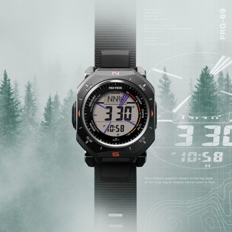 تصویر تبلیغاتی ساعت Casio Pro Trek سری PRG-69 در یک پس‌زمینه جنگلی مه‌آلود.