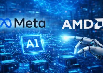 تصویر مفهومی از همکاری در زیرساخت هوش مصنوعی با نمایش لوگوهای Meta و AMD در فضای دیتاسنتر دیجیتال؛ یک بازوی رباتیک در حال لمس چیپ AI نورانی