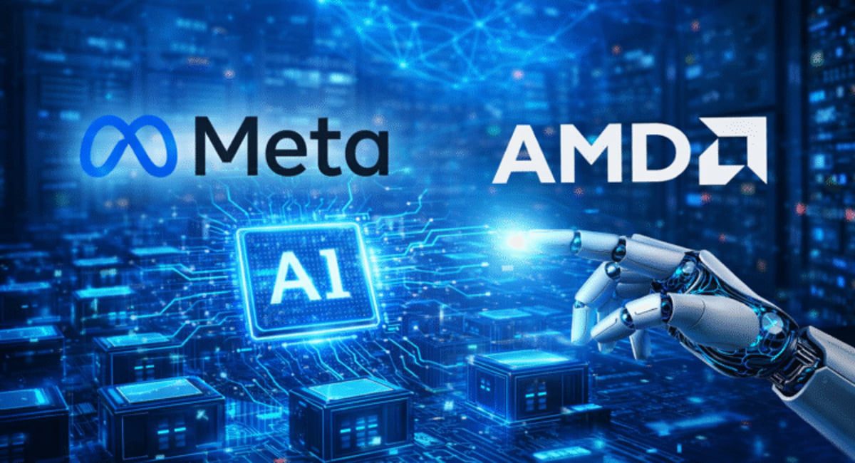 تصویر مفهومی از همکاری در زیرساخت هوش مصنوعی با نمایش لوگوهای Meta و AMD در فضای دیتاسنتر دیجیتال؛ یک بازوی رباتیک در حال لمس چیپ AI نورانی
