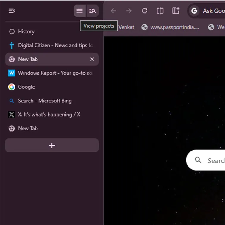 اسکرین‌شات از محیط داخلی مرورگر کروم و نوار کناری بنفش تیره برای مدیریت تب‌ها و جستجو.
