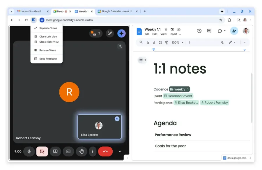 محیط مرورگر کروم در حالت تقسیم صفحه (Split View) که یک تماس تصویری و یک سند متنی را همزمان نشان میدهد.