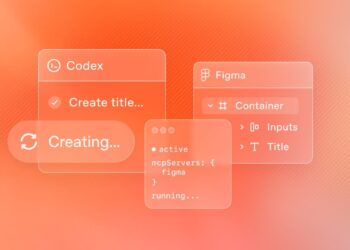 رندر گرافیکی از محیط توسعه Codex و Figma با پنجره‌های شفاف شامل کدها، عناصر طراحی و پیام‌های در حال اجرا روی پس‌زمینه نارنجی گرادیانی