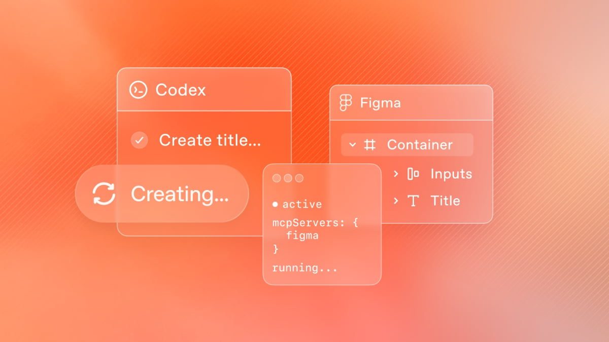 رندر گرافیکی از محیط توسعه Codex و Figma با پنجرههای شفاف شامل کدها، عناصر طراحی و پیامهای در حال اجرا روی پسزمینه نارنجی گرادیانی