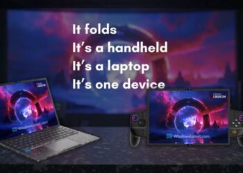 تصویر مفهومی دستگاه تاشوی Lenovo Legion که هم‌زمان به‌عنوان کنسول دستی و لپ‌تاپ نمایش داده شده؛ یک نمایشگر بزرگ با تصویر پس‌زمینه گیمینگ و متن “It folds / It’s a handheld / It’s a laptop / It’s one device” روی صفحه دیده می‌شود