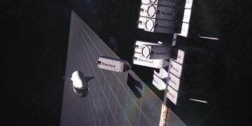 رندر گرافیکی از ایستگاه‌های فضایی و سرورهای Starcloud در مدار زمین برای پردازش داده‌های هوش مصنوعی.