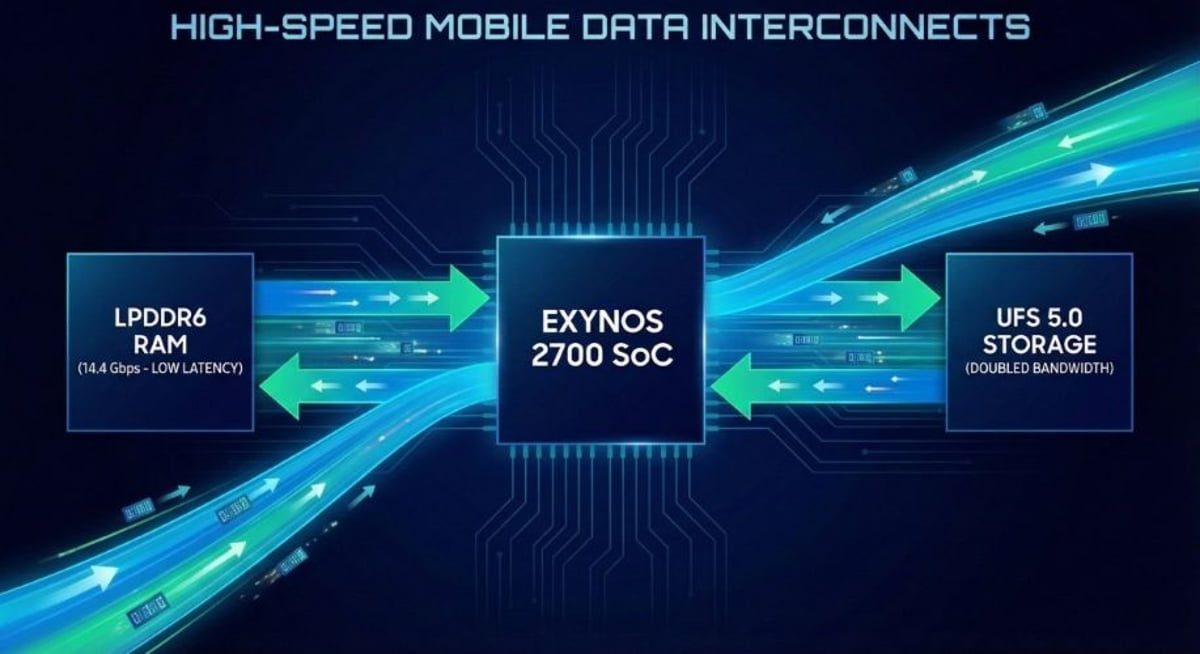 اینفوگرافیکی مفهومی از Exynos 2700 SoC که ارتباطات پرسرعت داده در پلتفرم موبایل را نمایش میدهد. در مرکز، تراشه Exynos 2700 قرار دارد و فلشهای دوطرفه، اتصال آن با LPDDR6 RAM و UFS 5.0 Storage را با تأکید بر پهنای باند بالا و تأخیر کم نشان میدهند.