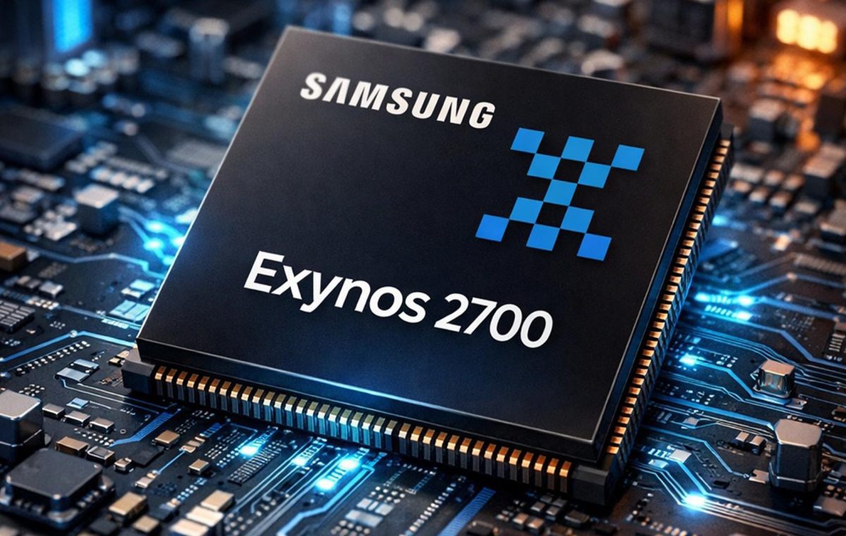 رندر سهبعدی از چیپ Samsung Exynos 2700 نصبشده روی برد الکترونیکی، با مسیرهای مدار چاپی و نورهای آبی که جریان داده و پردازش را القا میکنند. زاویه دید نزدیک و جزئیات پینها و سطح تراشه، حس قدرت پردازشی و کاربرد در دستگاههای پرچمدار را منتقل میکند.