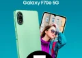 نمای جلویی و پشت گوشی سامسونگ Galaxy F70e 5G با رنگ سبز نعنایی.