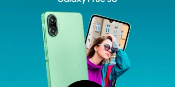 نمای جلویی و پشت گوشی سامسونگ Galaxy F70e 5G با رنگ سبز نعنایی.