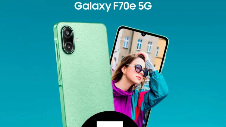 نمای جلویی و پشت گوشی سامسونگ Galaxy F70e 5G با رنگ سبز نعنایی.