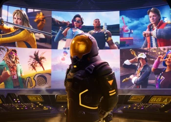 کاراکترهای متنوع بازی Fortnite در یک فضای آینده‌نگر داخل اتاق فرمان، با نمایش اسکین‌های مختلف، لباس‌های رنگارنگ و سبک هنری فانتزی؛ نمایی از فصل جدید و محتوای درون بازی