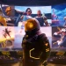 کاراکترهای متنوع بازی Fortnite در یک فضای آیندهنگر داخل اتاق فرمان، با نمایش اسکینهای مختلف، لباسهای رنگارنگ و سبک هنری فانتزی؛ نمایی از فصل جدید و محتوای درون بازی