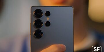 نمای نزدیک از پنل پشتی گوشی Galaxy S26 Ultra با پنج لنز دوربین مجزا و بدنه خاکستری مات.