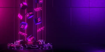 نمای مفهومی سهبعدی از مکعبهای دیجیتال با نماد موسیقی و برچسب NFT که در فضای نئونی بنفش و صورتی معلق هستند و به اقتصاد خلاق، داراییهای دیجیتال و NFT در صنعت موسیقی اشاره دارند