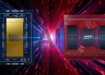 صویر تبلیغاتی مقایسه‌ای بین پردازنده Intel Xeon و AMD EPYC با پس‌زمینه گرافیکی پرسرعت.