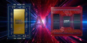 صویر تبلیغاتی مقایسه‌ای بین پردازنده Intel Xeon و AMD EPYC با پس‌زمینه گرافیکی پرسرعت.