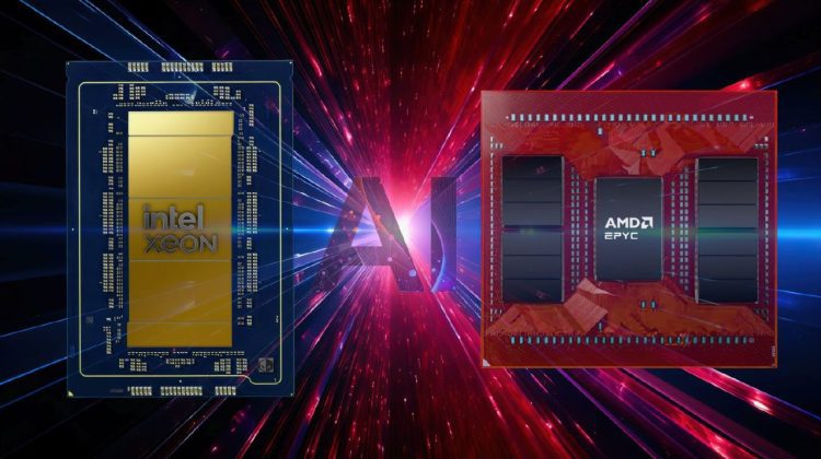 صویر تبلیغاتی مقایسه‌ای بین پردازنده Intel Xeon و AMD EPYC با پس‌زمینه گرافیکی پرسرعت.