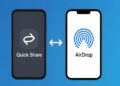 طرح مقایسه‌ای آیکون‌های Quick Share اندروید و AirDrop اپل در کنار هم.